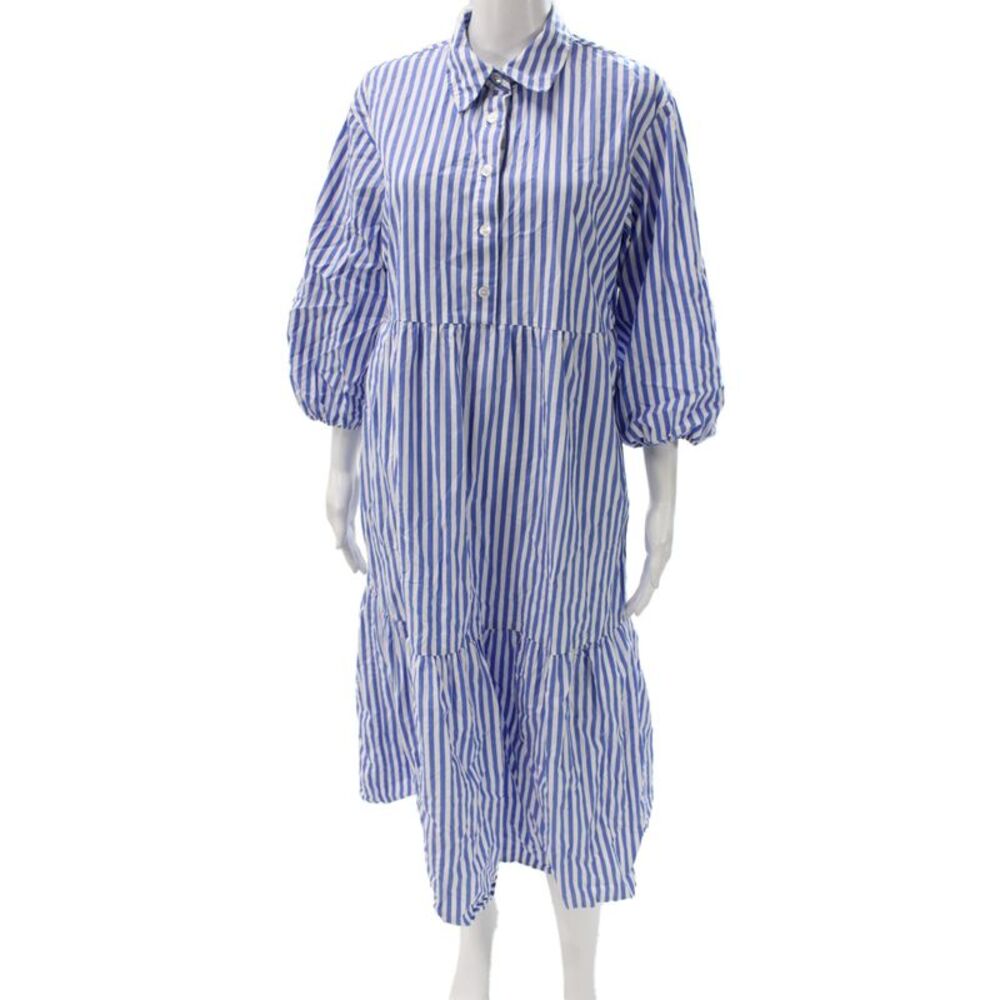 Quince Womens Shirt Dress Blue Striped Collared 3/4 Sleeve Midcalf Size M